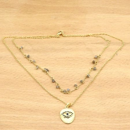 Evil Eye Pendant necklace, Brass with 22k gold plated, Onyx and Labradorite gemstone